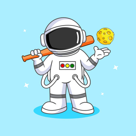 Cute Astronaut Playing Space Baseball With Moon Ball Vector Illustration Cartoon Designのイラスト素材