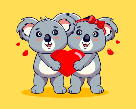Cute Koala Couple Holding a Red Heart Vector Illustration Cartoon Designのイラスト素材