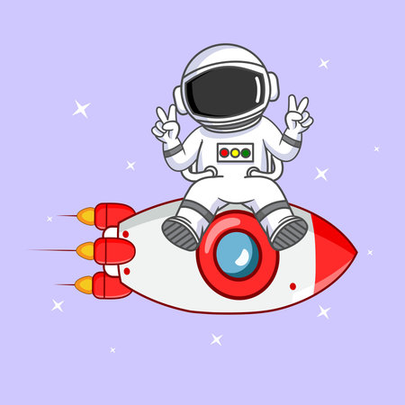 Cute Astronaut Sitting on a Rocket Making Peace Signs in His Hand Vector Illustrationのイラスト素材