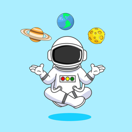 Astronaut Meditating and Juggling Planets in Space Vector Illustration Cartoon Designのイラスト素材