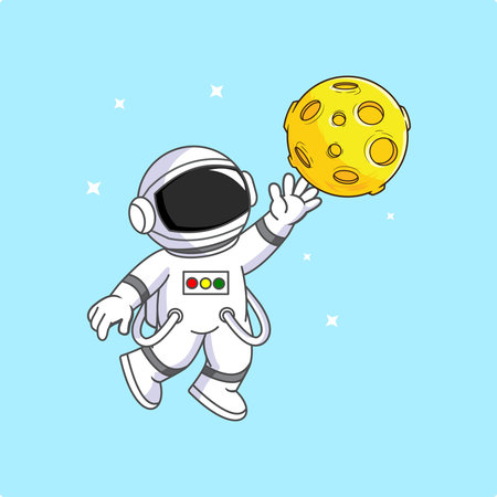 Cute Astronaut Reaching for a Moon in Space Vector Illustration Cartoon Designのイラスト素材