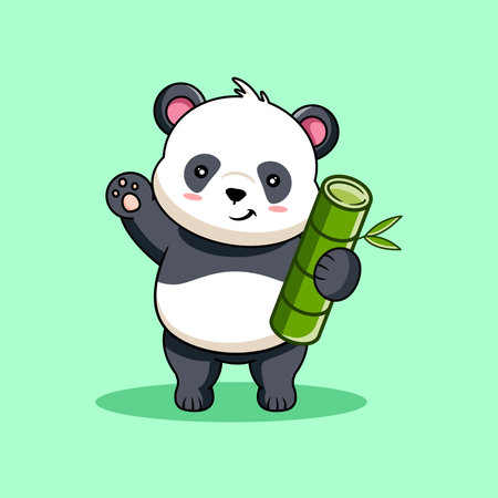 Friendly Cartoon Panda Waving with Bamboo Stick Vector Illustration Cartoon Designのイラスト素材