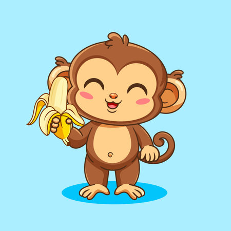Adorable Monkey Character Holding a Peeled Banana Vector Illustration Cartoon Kawaii Designのイラスト素材