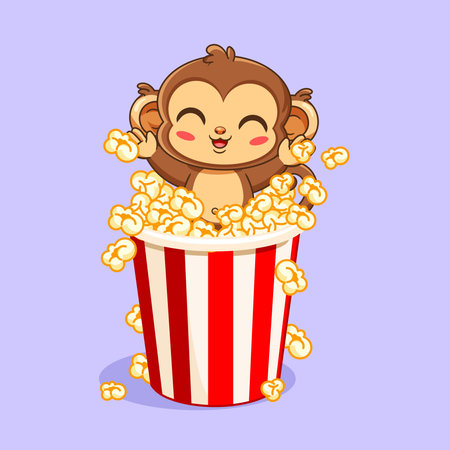 Happy Cartoon Monkey surprise in a Popcorn Bucket Vector Illustrationのイラスト素材