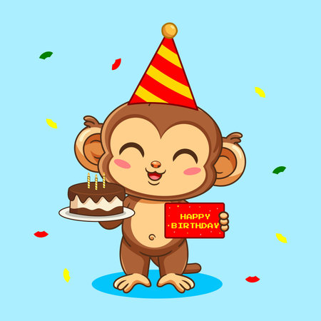 Cute Monkey Celebrating Birthday with Cake and Party Hat Vector Illustration Cartoon Designのイラスト素材