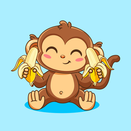 Happy Cartoon Monkey Sitting Ready Enjoying Two Bananas Vector Illustration Cartoon Designのイラスト素材