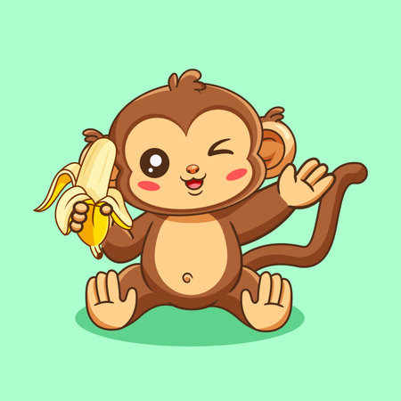 Cute Cartoon Monkey Winking and Eating a Banana Vector Illustration Kawaii Designのイラスト素材