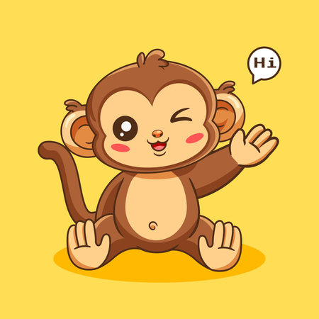 Cute Cartoon Monkey Sitting and Say Hi Pose Vector Illustration Kawaii Designのイラスト素材