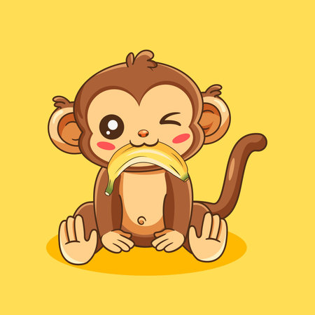 Cute Cartoon Monkey With a Banana in His Mouth Vector Illustration Cartoon Designのイラスト素材