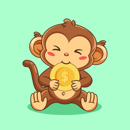 Cute Monkey Bite a Gold Coin Vector Illustration Cartoon Design Kawaiiのイラスト素材