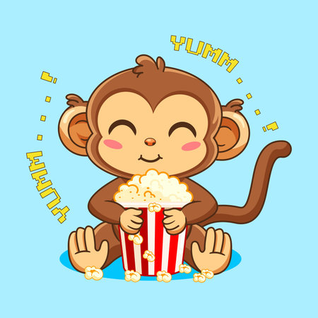 Cute Cartoon Monkey Sitting Happy has a Popcorn Snack Vector Illustration Cartoon Designのイラスト素材