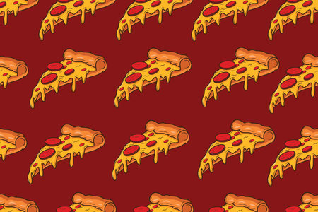 Seamless Hand-Drawn Pizza Slice Pattern on Red Vector Illustrationのイラスト素材