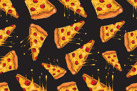 Cheesy Pizza Slices Hand-Drawn Seamless Pattern Vector Illustration Backgroundのイラスト素材