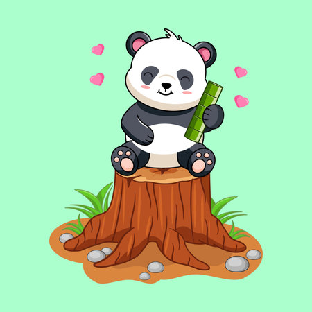 Adorable Panda Cub Sitting on a Log with Bamboo and Love Vector Illustration Kawaiiのイラスト素材
