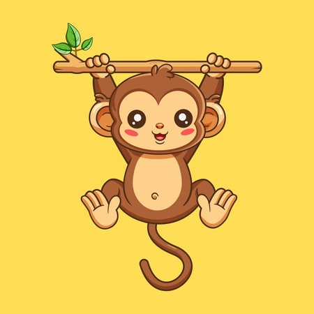 Cute Cartoon Monkey Hanging from a Tree Branch Vector Illustration Kawaiiのイラスト素材