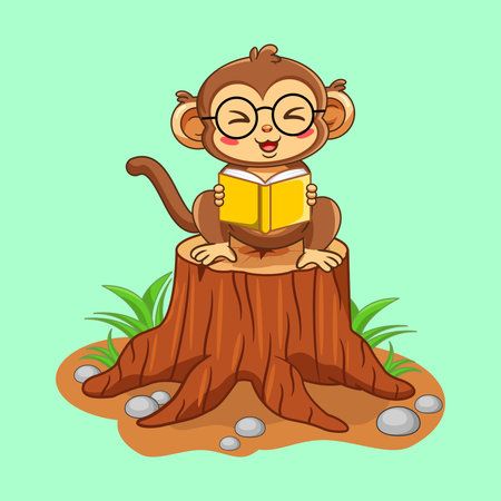 Cute Monkey Laughing While Reading a Book on a Tree Stump Vector Illustrationのイラスト素材