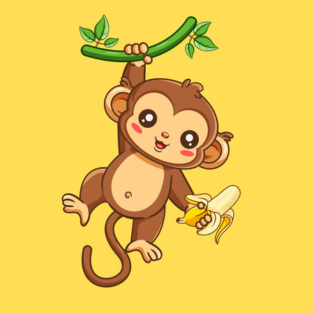 Cute Cartoon Monkey Hanging with Banana Vector Illustration Kawaiiのイラスト素材