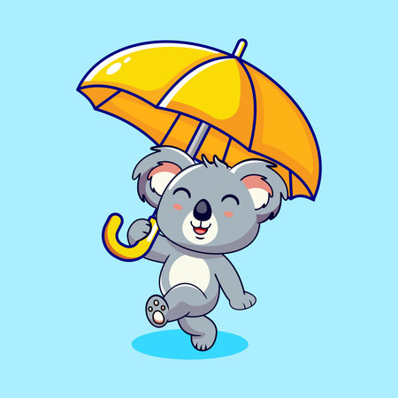 Happy Cartoon Koala Walking with Yellow Umbrella Vector Illustration Kawaii Designのイラスト素材