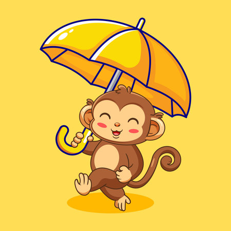 Happy Cartoon Monkey with Yellow Umbrella Vector Illustration Kawaii Designのイラスト素材