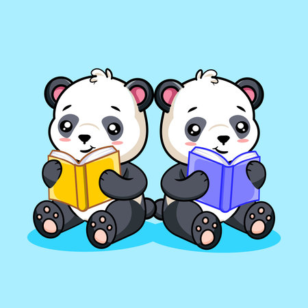 Cute Baby Pandas reading books Vector Illustration Kawaii Designのイラスト素材