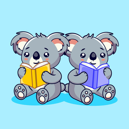 Cute Cartoon Koalas Reading Books Vector Illustration Kawaiiのイラスト素材