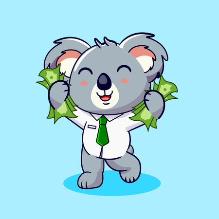Happy Koala Business Character Holding Money Vector Illustration Kawaii Designのイラスト素材