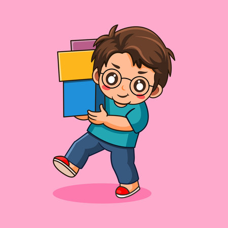 Happy Cartoon Boy with Glasses carrying Box Gift Vector Illustration Kawaiiのイラスト素材