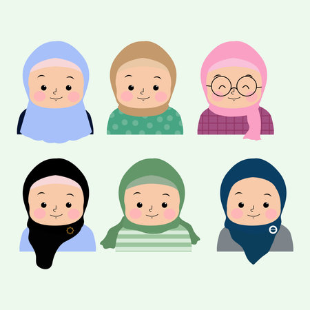 set of cartoon girls wearing hijabのイラスト素材