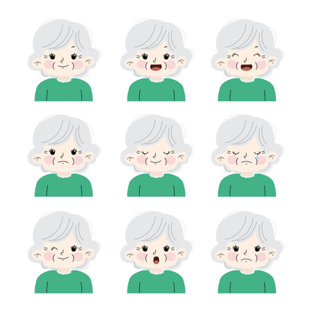 set of cartoon grandma face expression illustrationのイラスト素材
