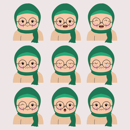 set of grandma hijab faces illustrationのイラスト素材