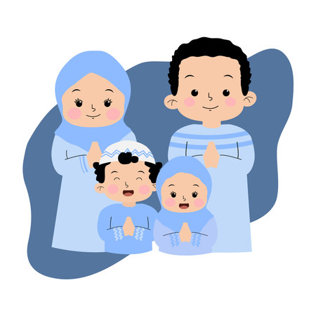 parent and children family Eid Mubarak illustrationのイラスト素材