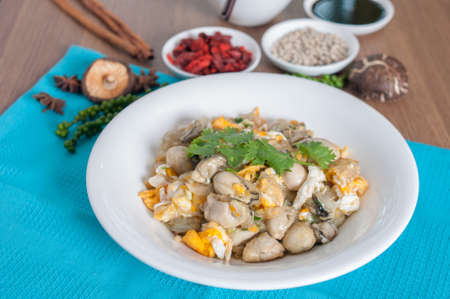 Braised oyster with eggs in white dish with background (shooting set menu) decorationの写真素材