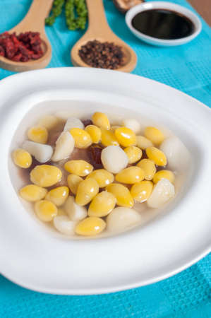 Sweet Ginkgo nuts served with taro in syrup dessert menu with decoration and backgroundの写真素材