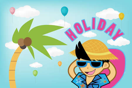 cartoon character in summer vocation theme (Vector eps10) with ballon and skyのイラスト素材