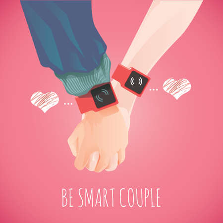 Two hands with a smart watch displaying a heart. Concept of connecting people.Flat illustrationのイラスト素材