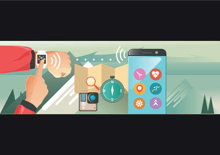 Winter mountain trail running woman checking looking at sportwatch smart watch, cross country runner checking performance, GPS position or heart rate pulse. Sport smartwatch and fitness equipmentのイラスト素材