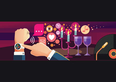 Man and woman wearing smartwatch for dating and together for the romantic momentのイラスト素材