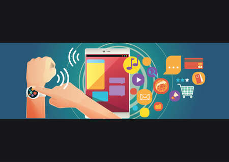 Man wearing smartwatch using tablet pc. Browsing, chatting and share to social mediaのイラスト素材