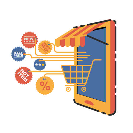 vector illustration concept for on line store. Digital marketing. Buy on line. Mobile paymentのイラスト素材