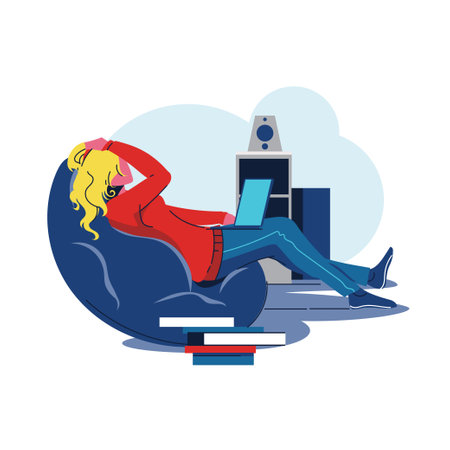 Woman working on laptop at home. Freelance or remote work concept. Vector illustration in flat styleのイラスト素材