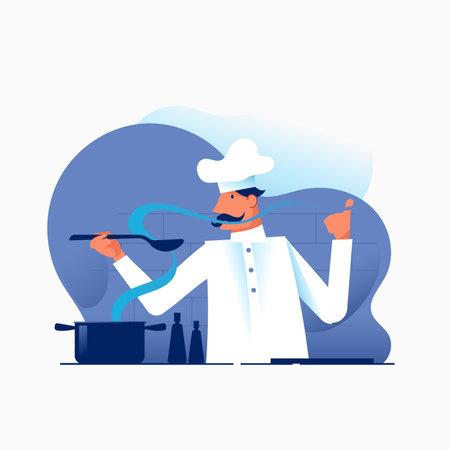 Chef cooking in kitchen. Vector illustration in flat design style.のイラスト素材