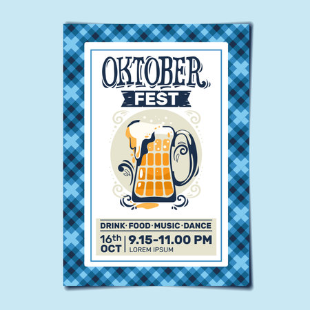 Oktoberfest Beer Festival Poster Vector Template. Bavarian Blue Checkered Background. Oktoberfest Beer Festival Flyer Design.のイラスト素材