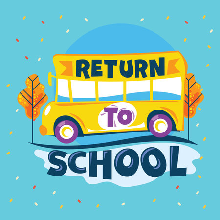 Back to school design with school bus on blue background. Vector illustration.のイラスト素材