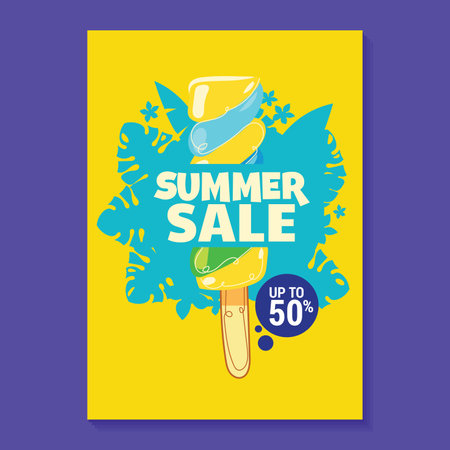 Summer sale poster with ice cream on a yellow background. Vector illustration.のイラスト素材