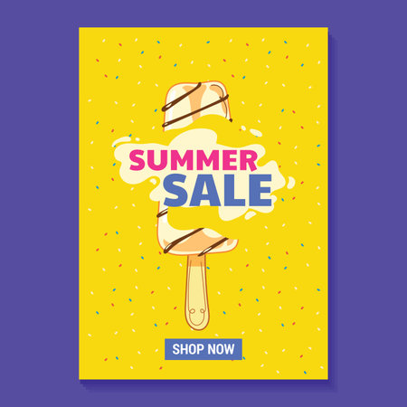 Summer sale poster design template with ice cream on yellow background. Vector illustration.のイラスト素材
