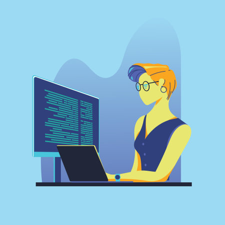 Programmer woman working on computer. Vector illustration in flat style.のイラスト素材