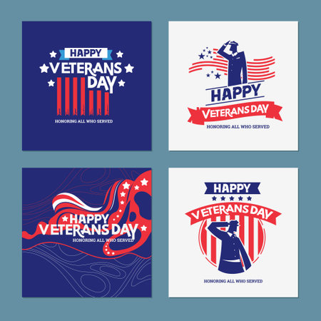 Set of 4 Happy Veterans Day banners. Vector illustration in flat styleのイラスト素材