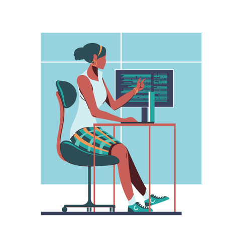 Freelance woman working at the computer. Flat vector illustration.のイラスト素材