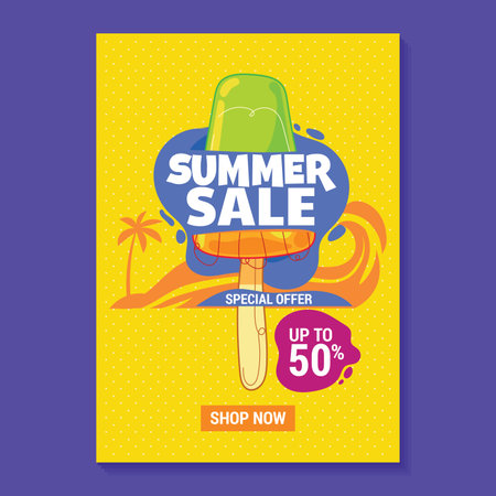 Summer sale poster with ice cream on yellow background. Vector illustration.のイラスト素材
