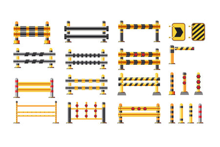 Vector illustration of a road barrier. Set of different types of barriers.のイラスト素材